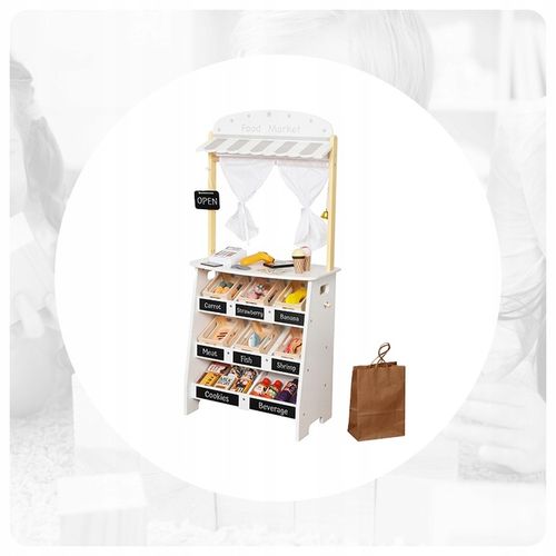 DREWNIANY STRAGAN TEATRZYK MINI MARKET SKLEP WARZYWNIAK Z AKCESORIAMI na Arena.pl