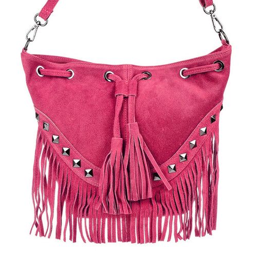 VERA PELLE torebka zamszowa listonoszka boho z ćwiekami V418 fuksja na Arena.pl