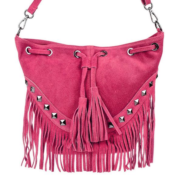 VERA PELLE torebka zamszowa listonoszka boho z ćwiekami V418 fuksja zdjęcie 3