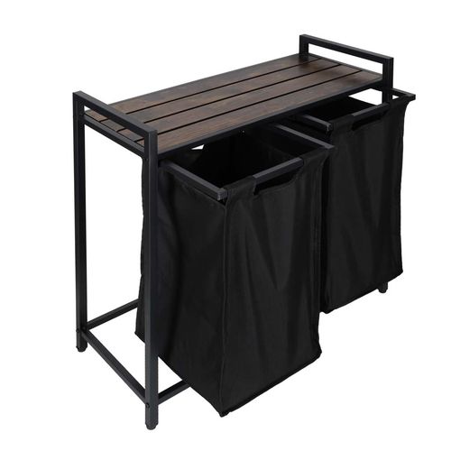 Kosz na Pranie Bieliznę 2 Komory z Drewnianą Półką Blatem Pojemnik Loft 92L na Arena.pl