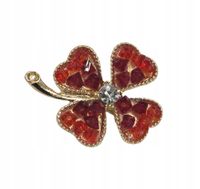 Piękna broszka wysadzana lśniącymi czerwonymi kryształkami koniczynka 3cm