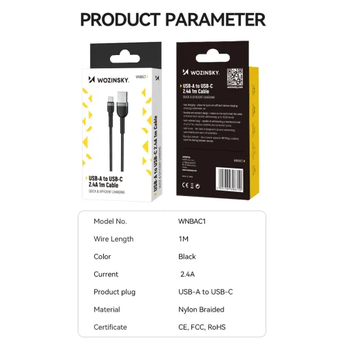 kabel wozinsky wnbac2 usb-a / usb-c 2.4a 2 m - czarny na Arena.pl