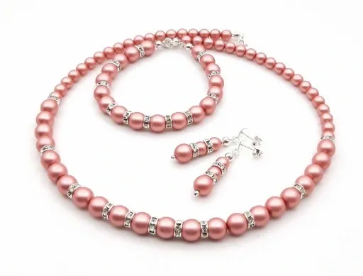 komplet biżuterii pudrowy róż SREBRO PERŁY CYRKONI zdjęcie 1