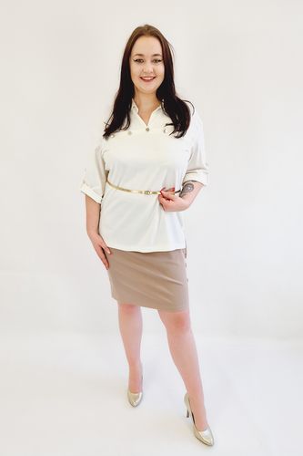 Elegancka Bluzka z Kołnierzykiem i Złotym Paskiem Biała 40 na Arena.pl