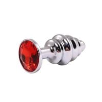 silver small ribbed butt plug with red crystal