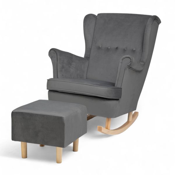 Ciemny szary Fotel Bujany Uszak + Podnóżek + Poduszka