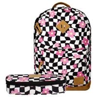 Zestaw plecak szkolny młodzieżowy szachownica kratka kwiatki krata