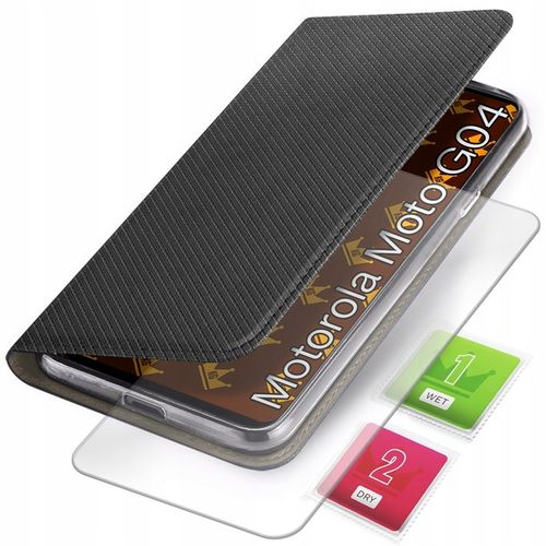ETUI Z KLAPKĄ DO Motorola Moto G04 / G24 / E14 CZARNE ZAMYKANE + SZKŁO 9H na Arena.pl