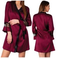 SZLAFROK DAMSKI ELEGANCKI BORDOWY WIĄZANY L/XL