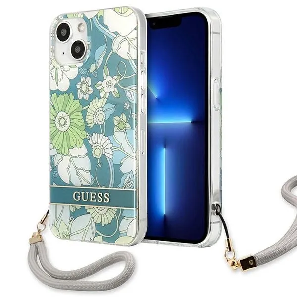 Etui Guess Flower Strap na iPhone 13 mini - zielone zdjęcie 1