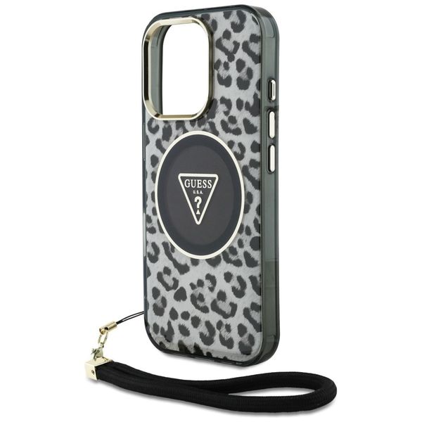 Etui Guess HC IML Leopard Triangle Cord Strap do iPhone 16 Pro MagSafe czar zdjęcie 5