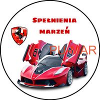 Opłatek na tort Urodziny Ferrari Auto Samochód Logo Bryka Fura Tekst Gratis