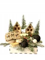 Stroik świąteczny z domkami i mostkiem, dekoracja na stół Boże Narodzenie