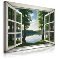 Obraz Canvas Do Salonu Sypialni Okno Las Jezioro Pejzaż Natura 100cm x 70cm