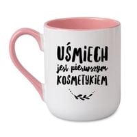 KUBEK „UŚMIECH JEST PIERWSZYM KOSMETYKIEM” Wzór - Elegant Coffee Różowy 330 ml