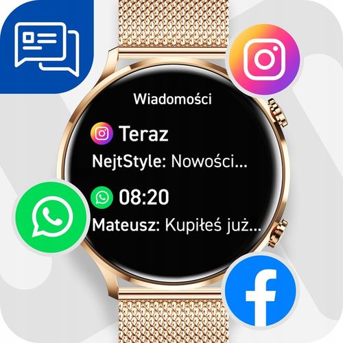 Smartwatch Zegarek Damski Pomiary Rozmowy Pulsometr Polskie Menu Elegancki na Arena.pl