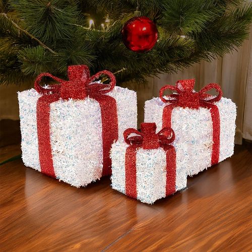 Świąteczne Pudełka Prezenty LED 3 szt. Dekoracja Boże Narodzenie Srebrne na Arena.pl