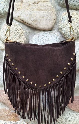 Torebka Listonoszka z ćwiekami ZAMSZ NATURALNY BOHO CZEKOLADA Vera Pelle na Arena.pl