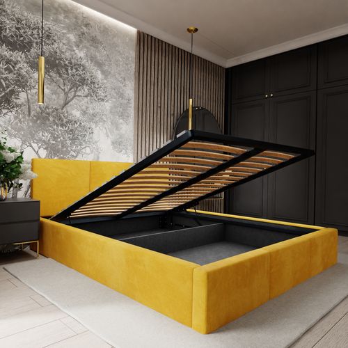 ŁÓŻKO TAPICEROWANE DO SYPIALNI 160x200 ŁÓŻKO PODWÓJNE Z POJEMNIKIEM ŻÓŁTE na Arena.pl