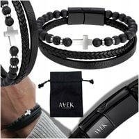 BRANSOLETKA MĘSKA KRZYZ KORALIKI SKÓRZANA CZARNA STAL NA PREZENT 21 CM