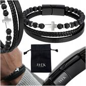 BRANSOLETKA MĘSKA KRZYZ KORALIKI SKÓRZANA CZARNA STAL NA PREZENT 21 CM