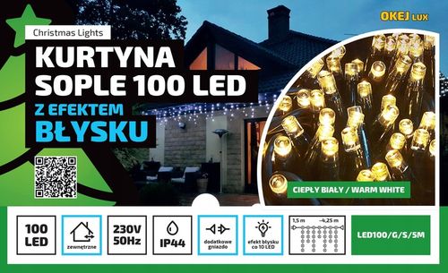 Lampki SOPLE Zewnętrzne GRUBE 100 LED 4,25m CIEPŁE BIAŁE + FLASH + Gniazdo na Arena.pl