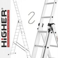 Drabina aluminiowa 3x11 uniwersalna HIGHER 7,65m MOCNA + hak