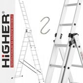 Drabina aluminiowa 3x11 uniwersalna HIGHER 7,65m MOCNA + hak