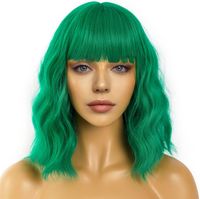 LANCAINI Peruka z Bangami Zielona Syntetyczna Krótka Falowana