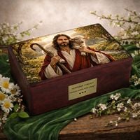 Katolicka urna kremacyjna Jezus Dobry Pasterz drewniana urna dla dorosłych