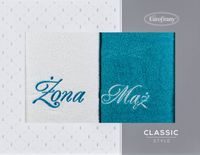 Komplet ręczników w pudełku Mąż i Żona 50x90 biały+turkusowy