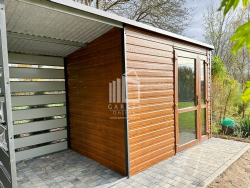 SCHOWEK - DOMEK OGRODOWY 2,5m x 2m + wiata 1,3m spad w tył ID422 na Arena.pl