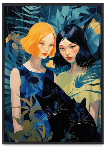 Plakat ilustracja dziewczyny koty 40x50 cm w czarnej ramie na Arena.pl