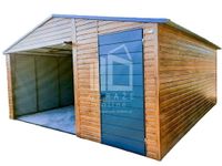GARAŻ BLASZANY 5m x 5m poziom - dwuspad - Brama uchylna + drzwi - jasny orzech + antracyt 5x5
