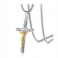 Naszyjnik Wisiorek męski damski Krzyż Jezus Stal Chirurgiczna Srebrny Złoty