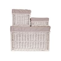 Zestaw koszy wybielanych obszytych szarą tkaniną S 30x30 H15 M 30x30 H30 L 60x40 H40