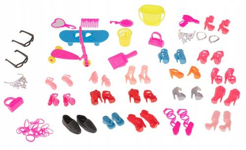 AKCESORIA DLA LALEK SUKIENKI BUTY TOREBKI WIESZAKI GARDEROBA 85 ELEMENTÓW na Arena.pl