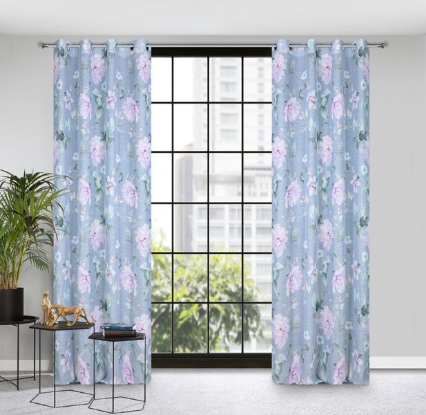 Zasłona gotowa na przelotkach FLORA 140x250 niebieska w kwiaty zdjęcie 1