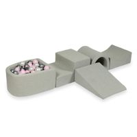 Piankowy plac zabaw z mostkiem i z basenem micro jasnoszary + 100 piłek (perła, srebrne, jasny róż)