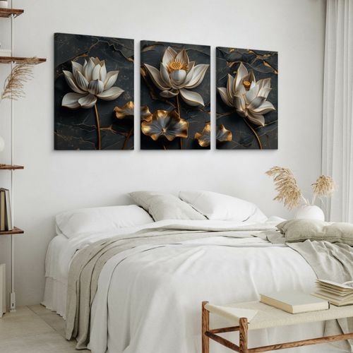 Obrazy Do Salonu Set Abstrakcyjne Białe Kwiaty Lotosu Glamour 90cm x 40cm na Arena.pl