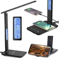Lampka biurkowa LED szkolna USB z zegarem i ładowarką Qi dla wygody nauki
