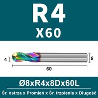 Frez kulowy, kula 2-ostrzowy VHM powłoka DLC Rozmiar: Ø8.0xR4x8Dx60L