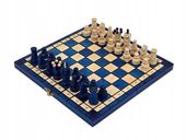 NIEBIESKIE Szachy drewniane Królewskie 31x31 we wkładce PRODUCENT