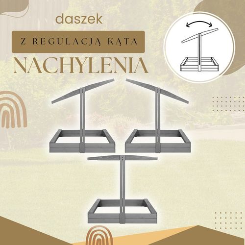 Piaskownica drewniana z daszkiem 120x120 cm z ławeczkami, funkcją zamyknia, włókniną, szara na Arena.pl