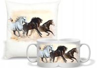 Zestaw PODUSZKA + KUBEK z nadrukiem GALOPUJĄCYCH KONI NA PREZENT