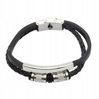 Męska bransoletka skórzana pleciona stal chirurgiczna czarna 01