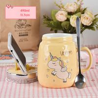 Kubek Ceramiczny Z Pokrywką i Łyżeczką - Idealny Do Szkoły - Biura - 500 ML Żółty Jednorożec 500ml