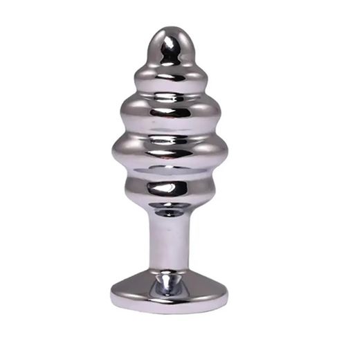 silver medium ribbed butt plug with white crystal na Arena.pl