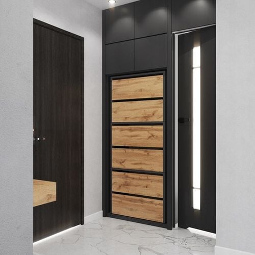 Szafka Na Buty Wysoka Szara Dąb Wotan 6 Półek Bez Siedziska Modułowa na Arena.pl