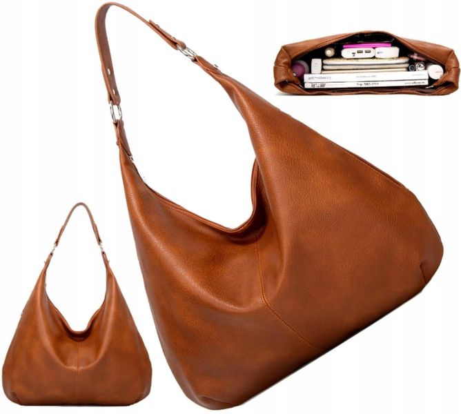 Damska Torebka Skórzana Brązowa Worek Pojemna A4 zdjęcie 8